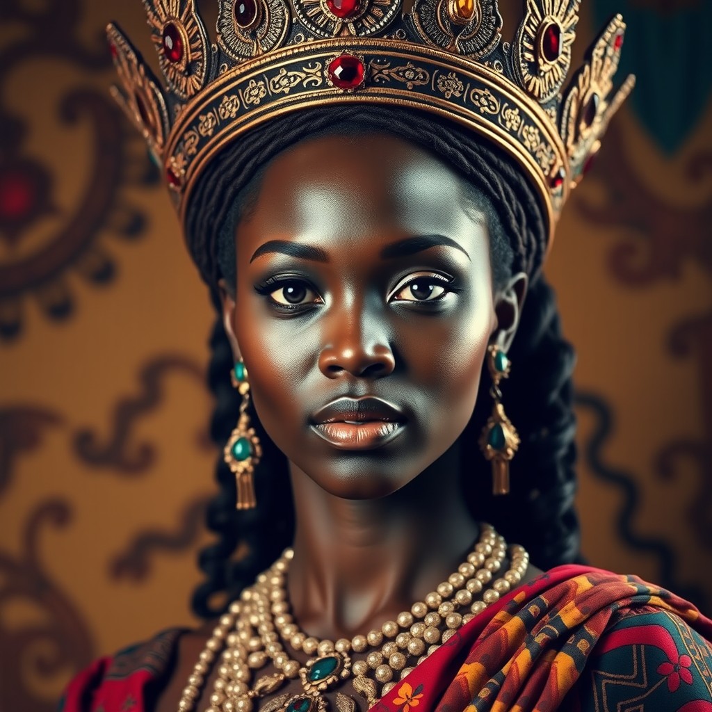 A regal portrait of an African queen adorned with a magnificent crown, featuring intricate patterns and vibrant gemstones