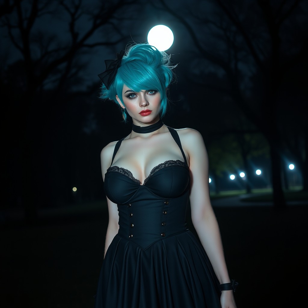 A beautiful gothic girl in a park at night, with striking cyan green hair styled dramatically