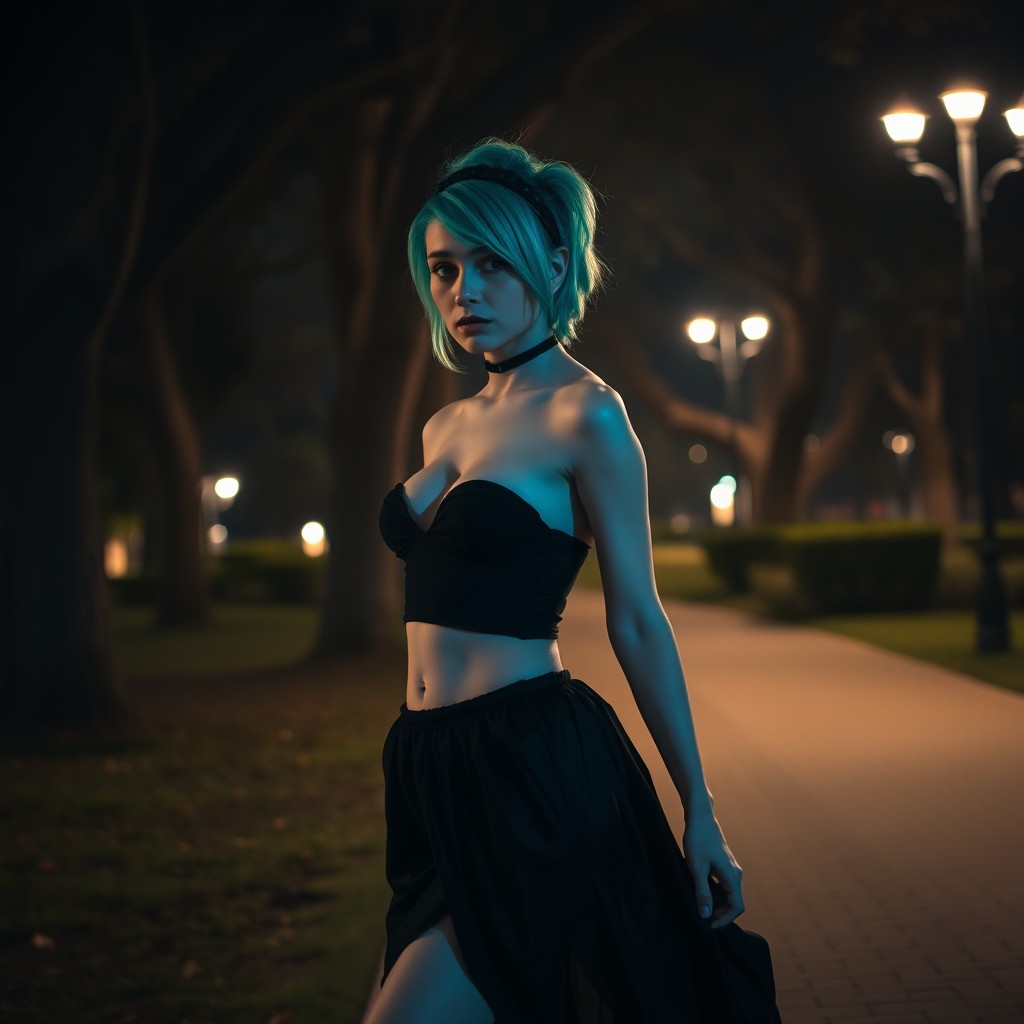 A gothic girl in a nighttime park setting, featuring striking cyan green hair styled dramatically