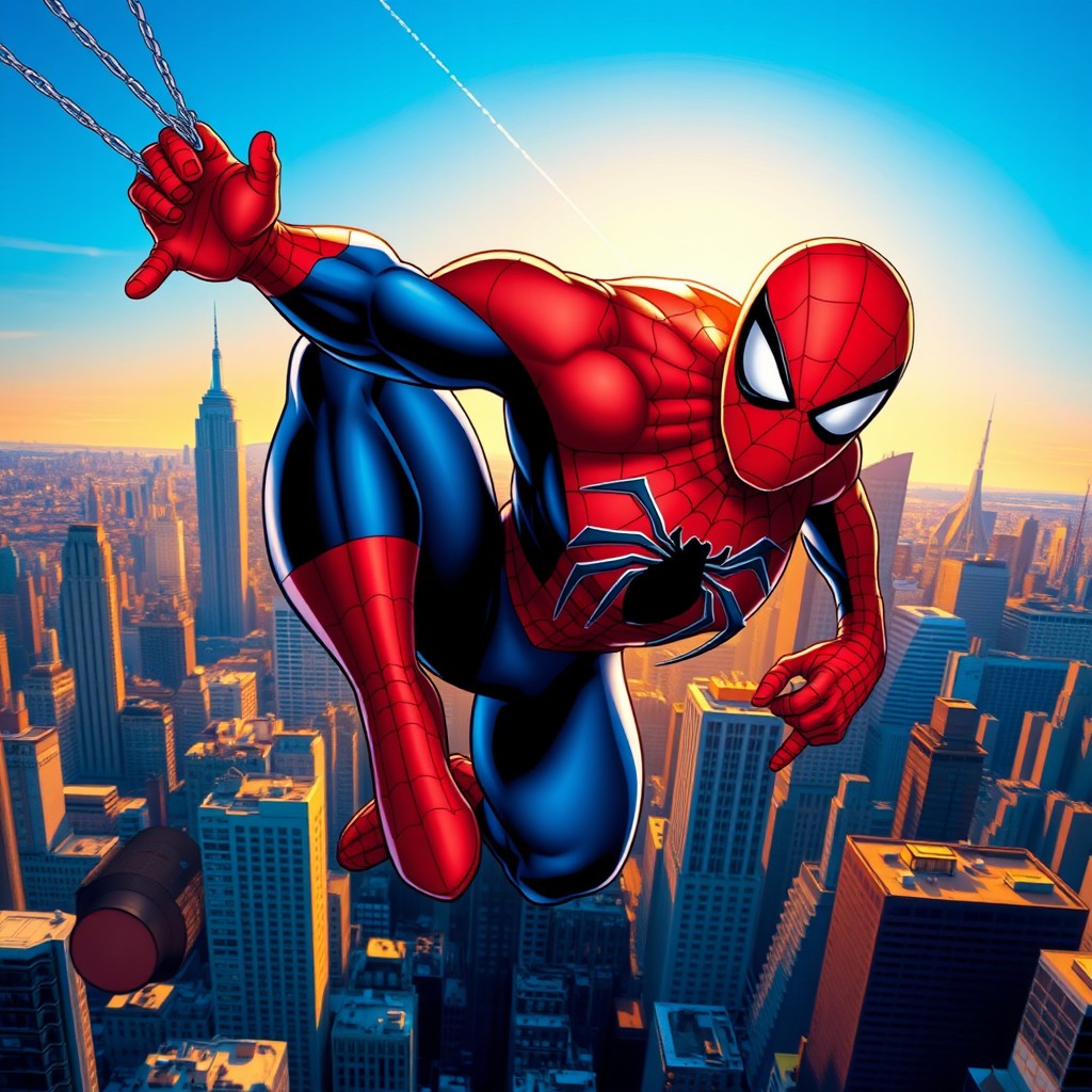 A dynamic superhero scene featuring a well-defined, muscular Spiderman in a vibrant cityscape, swinging between skyscrapers with a trail of webbing behind him
