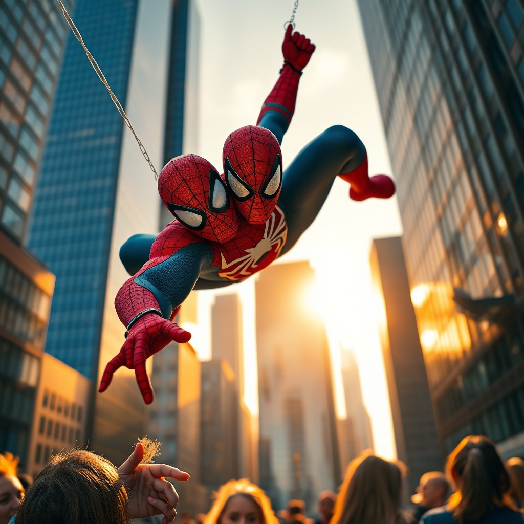 A dynamic scene featuring Spiderman swinging through the urban cityscape