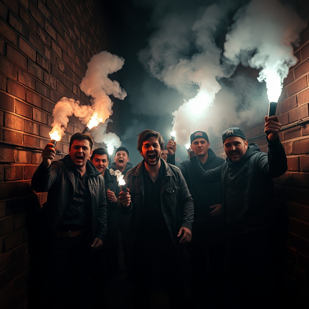 A group of hooligans in a dark alley, illuminated by the glow of flares they are holding, surrounded by billowing fog
