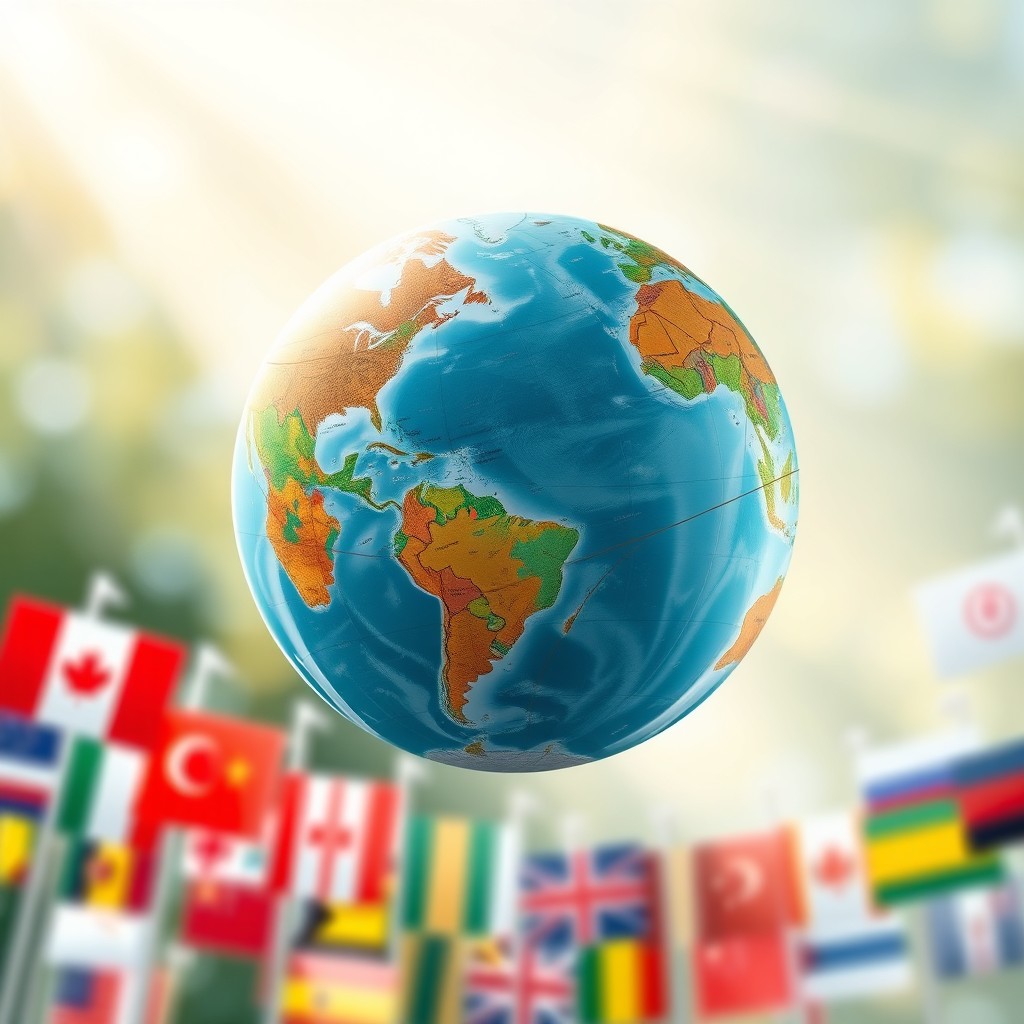 A beautifully designed globe floating in mid-air, surrounded by a gentle array of fading and semi-transparent flags from various countries