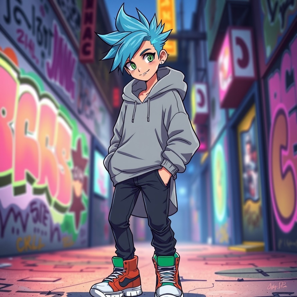 A stylish anime boy with spiky blue hair and vibrant green eyes, wearing a trendy streetwear outfit consisting of a loose-fitting oversized hoodie, skinny jeans, and colorful sneakers