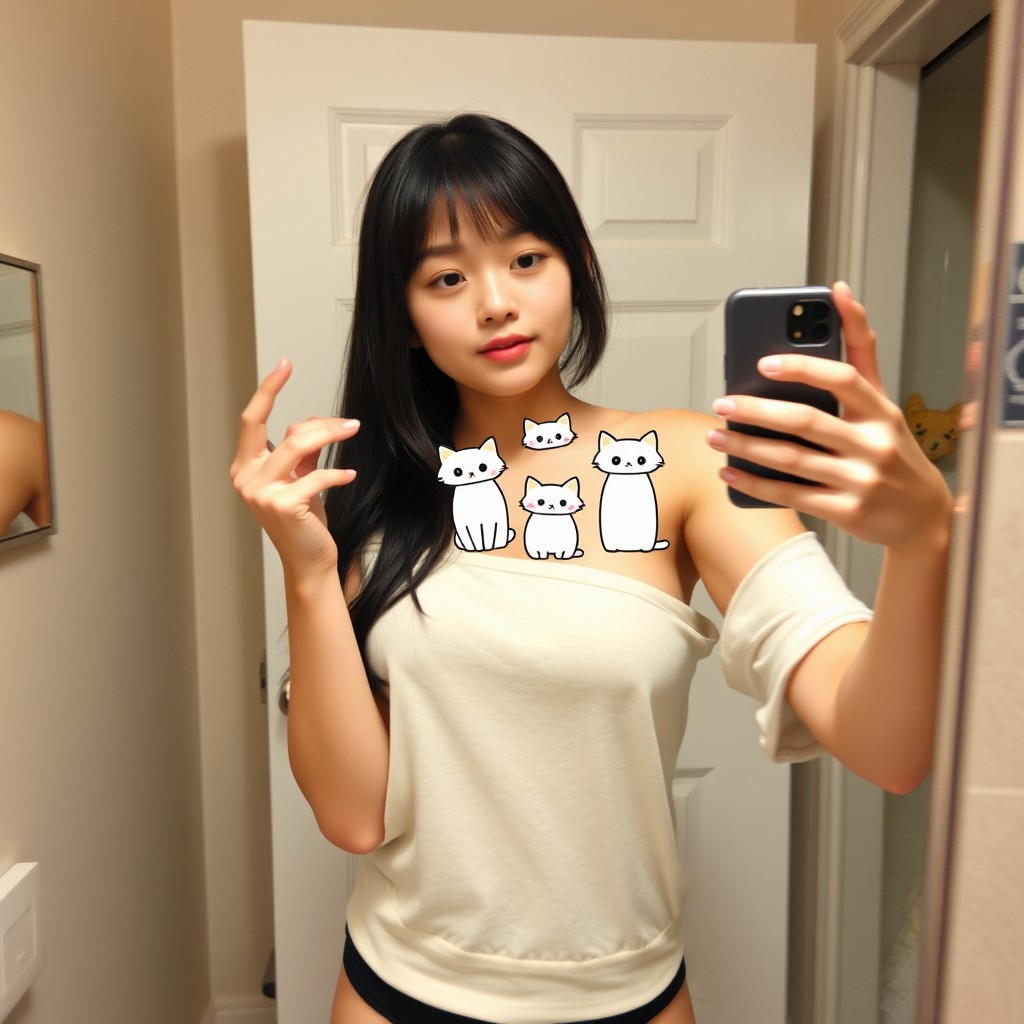 A casual selfie taken by a girl in a JK-style cosplay outfit in a typical home bathroom