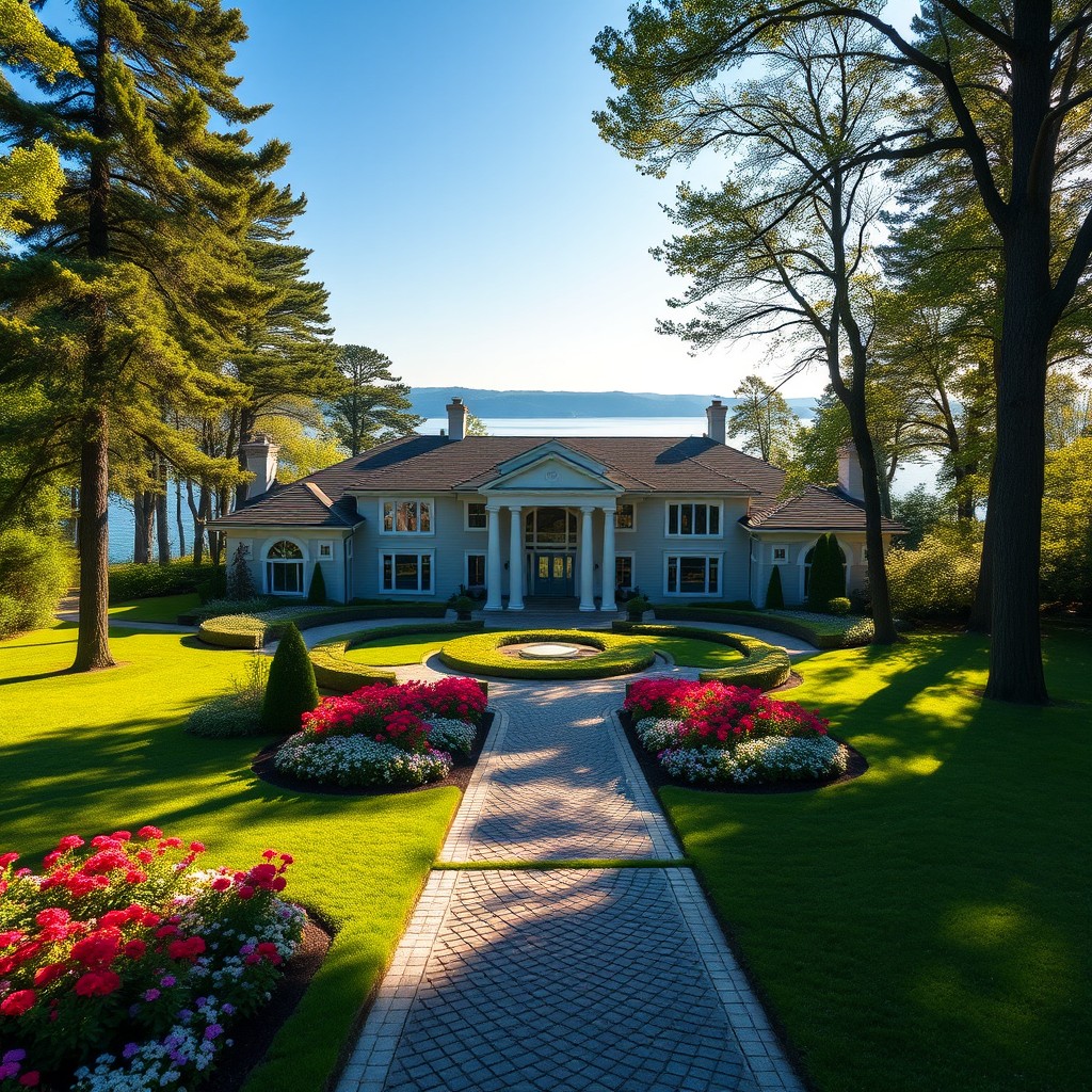 A stunning, expansive mansion nestled in a lush green landscape, surrounded by vibrant flowers and tall trees