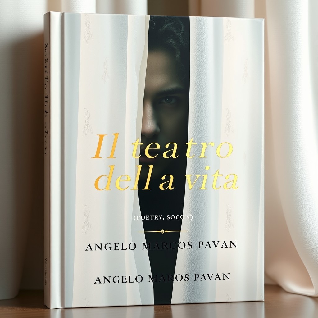 A captivating book cover for a poetry collection titled "Il teatro della vita" by "Angelo Marcos Pavan"