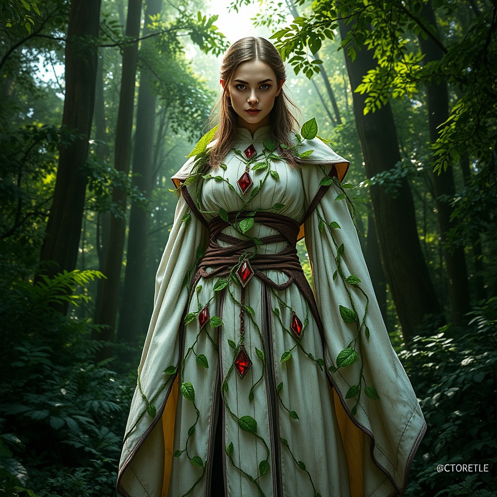 A fierce female cleric stands proudly in a lush forest, wearing dirty white robes that are intricately adorned with vibrant green leaves and vines intertwined throughout