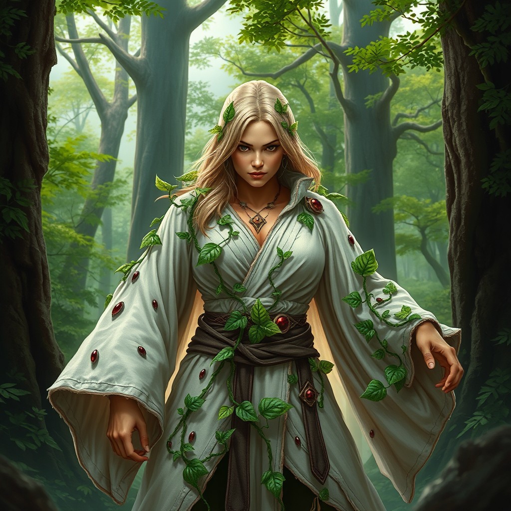 A fierce female cleric standing proudly in a lush forest, wearing tattered white robes that are adorned with vibrant green leaves and wrapping vines