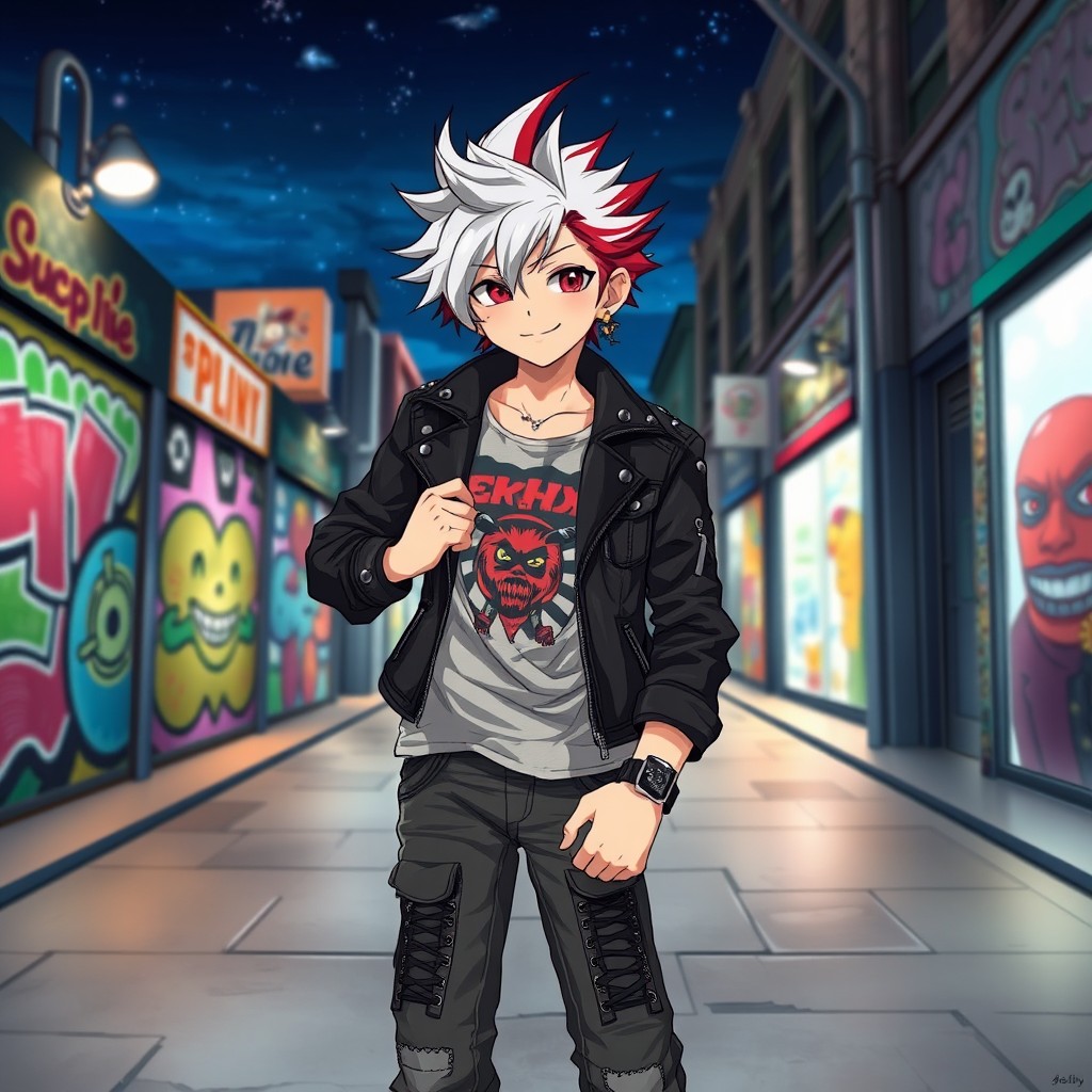 A 19-year-old anime boy with striking white and red hair, styled in a dramatic fashion, and captivating crimson eyes