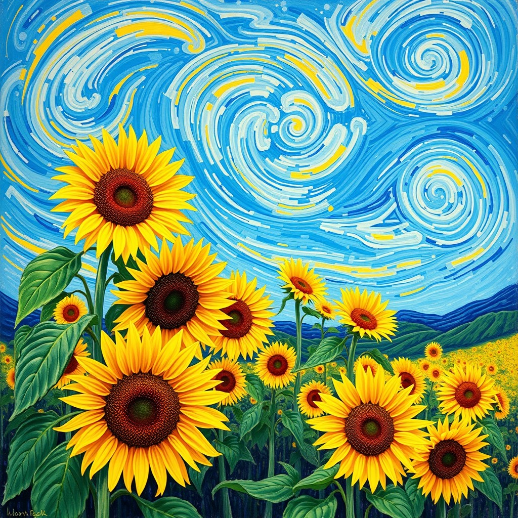 A vibrant field of sunflowers, painted in the distinctive swirling, expressive style of Vincent van Gogh