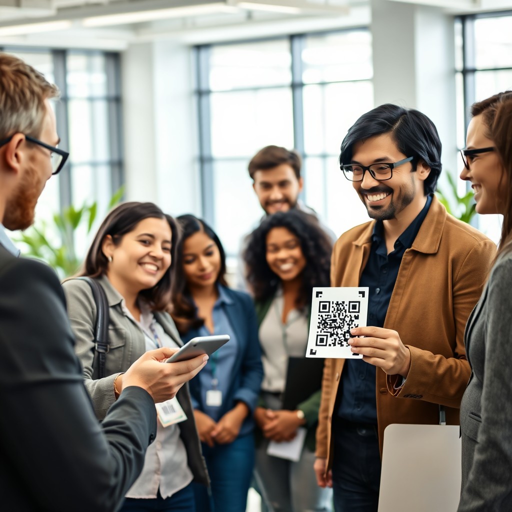 A scene in an office environment where a human resources person, a middle-aged woman with short dark hair and glasses, is handing out QR codes to a diverse group of workers