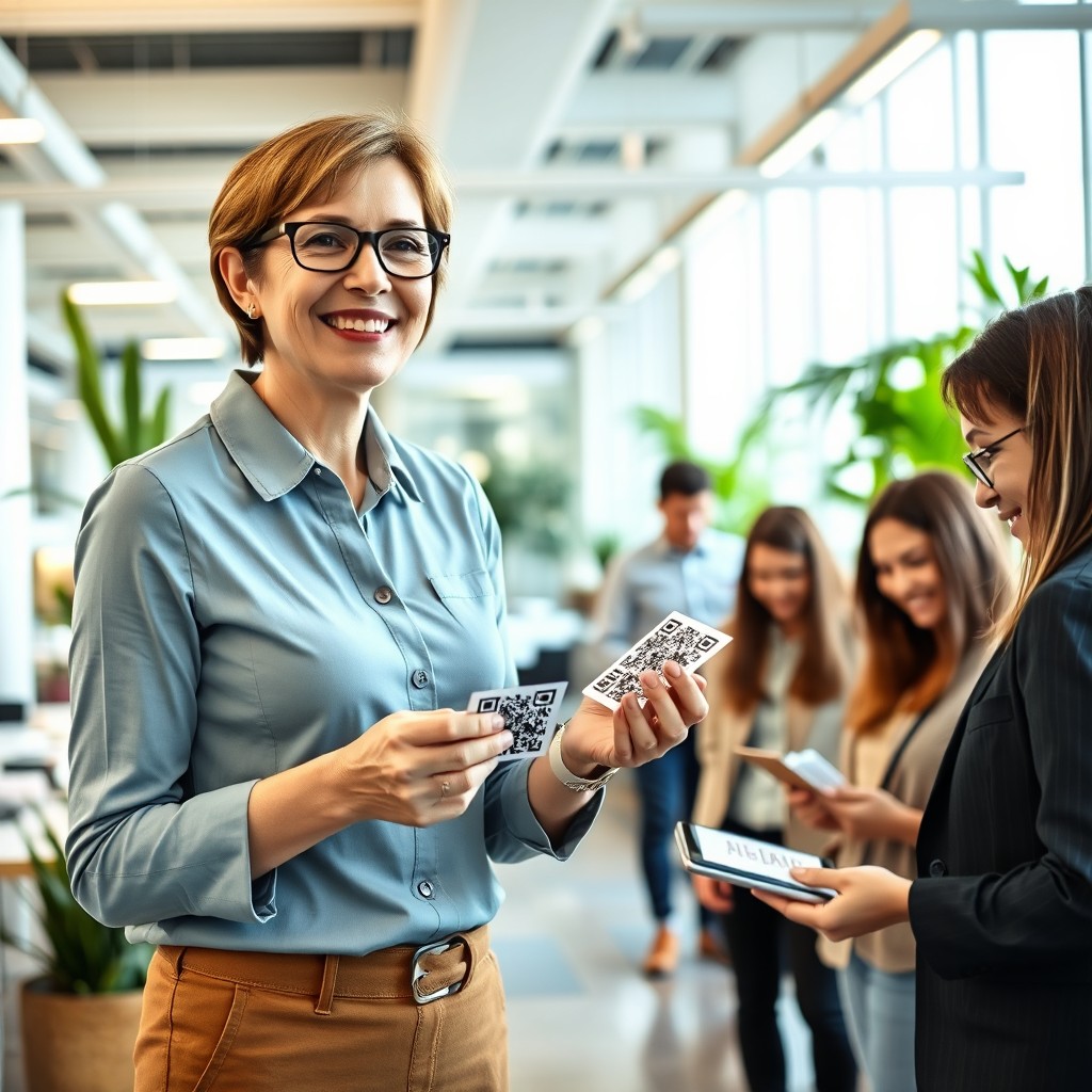 A human resources representative standing in an open office environment, cheerfully distributing QR codes to employees