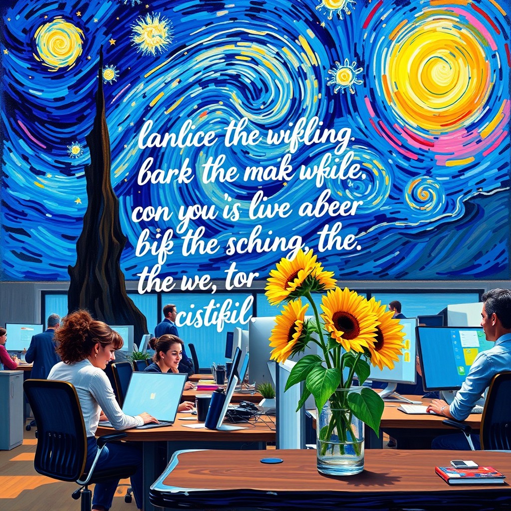 A vibrant and inspiring quote about positivity in the workplace, artistically integrated into a Van Gogh-style painting