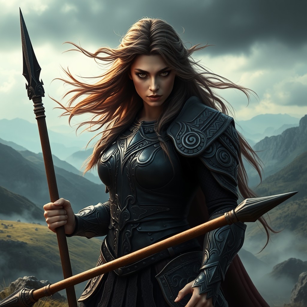 An epic representation of Scathach, the legendary warrior and goddess from Irish mythology