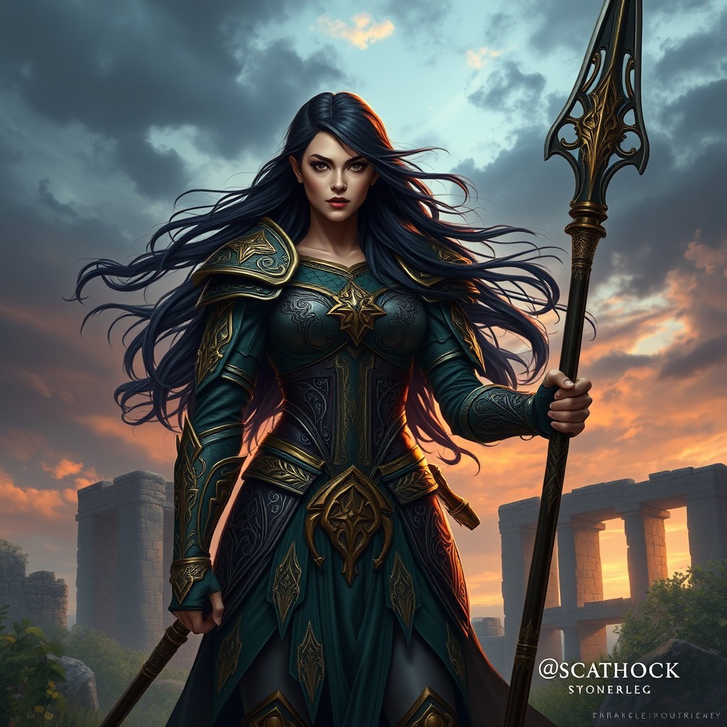 A powerful and fierce warrior woman, Scathach, stands tall in an ethereal dusk landscape