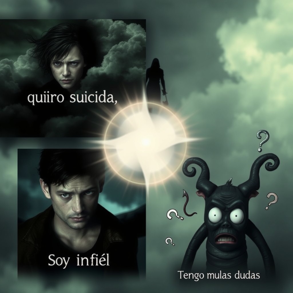 A cinematic-style image featuring three distinct vignettes: The first vignette includes a character with a distressed expression, surrounded by dark, swirling clouds symbolizing despair, with the text 'Quiero suicida' in a somber font