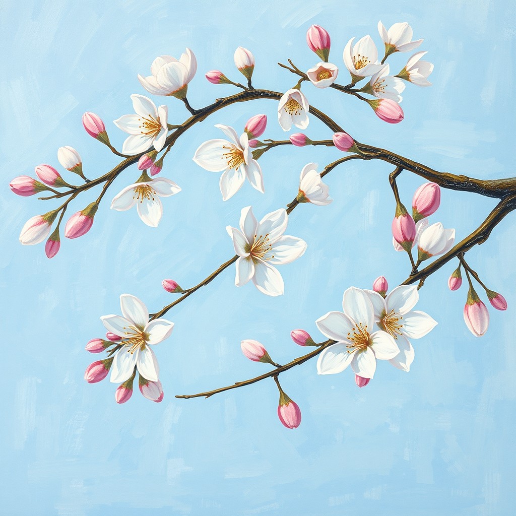 A serene and soft sky-blue background featuring delicate almond tree branches that are blossoming with beautiful white and pink flowers, all rendered in the distinctive Van Gogh art style