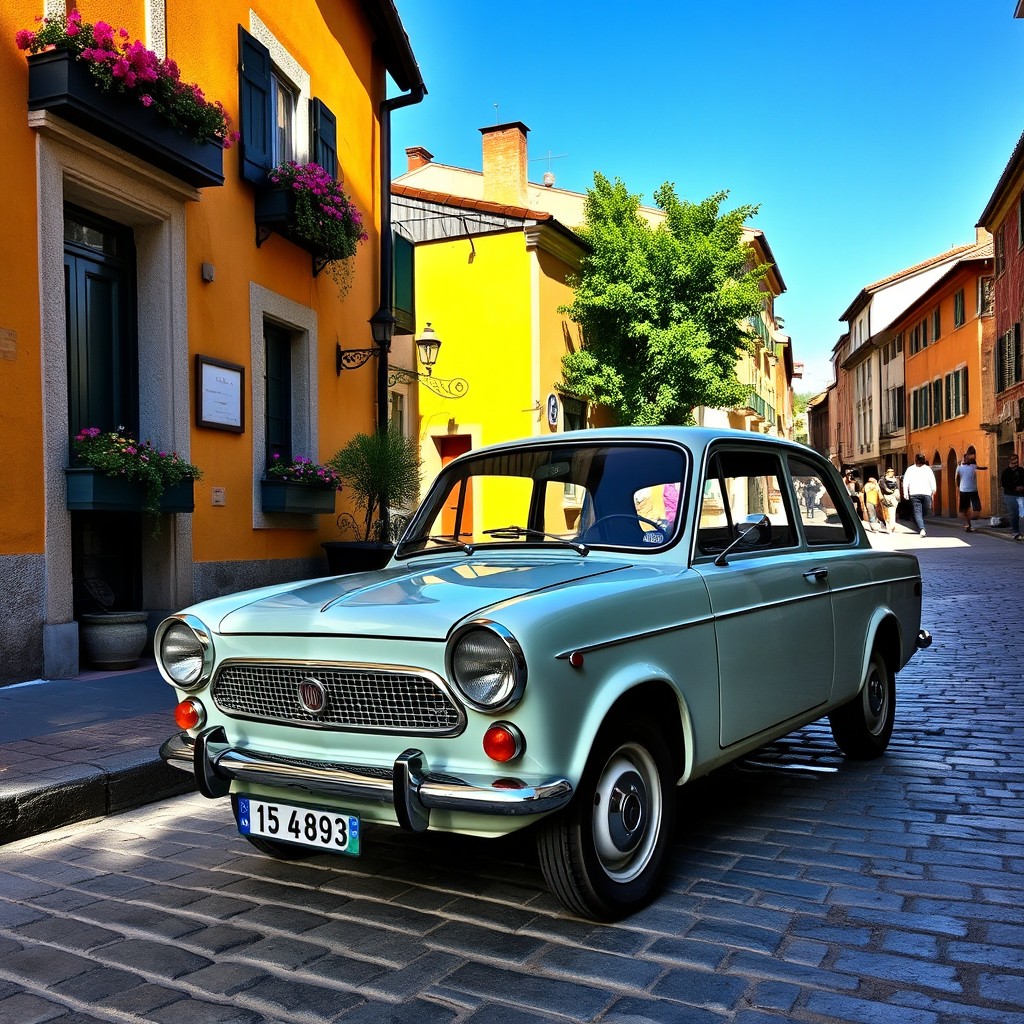 A vintage Fiat 128 parked in a picturesque old-town street, featuring its classic design with a charming small body, rounded edges, and distinctive headlights