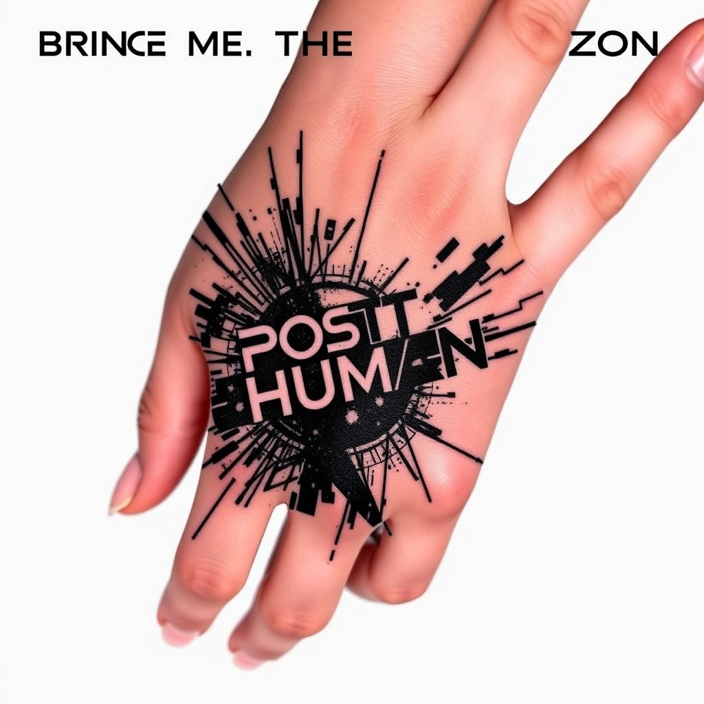 A tattoo design inspired by Bring Me The Horizon's POST HUMAN theme, featuring a cyberpunk aesthetic with glitch art elements