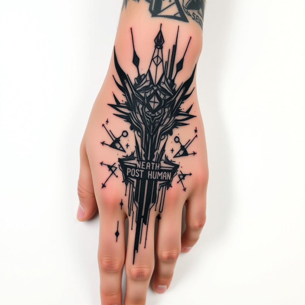 A tattoo design inspired by Bring Me The Horizon's POST HUMAN theme, featuring cyberpunk elements and glitch art aesthetics