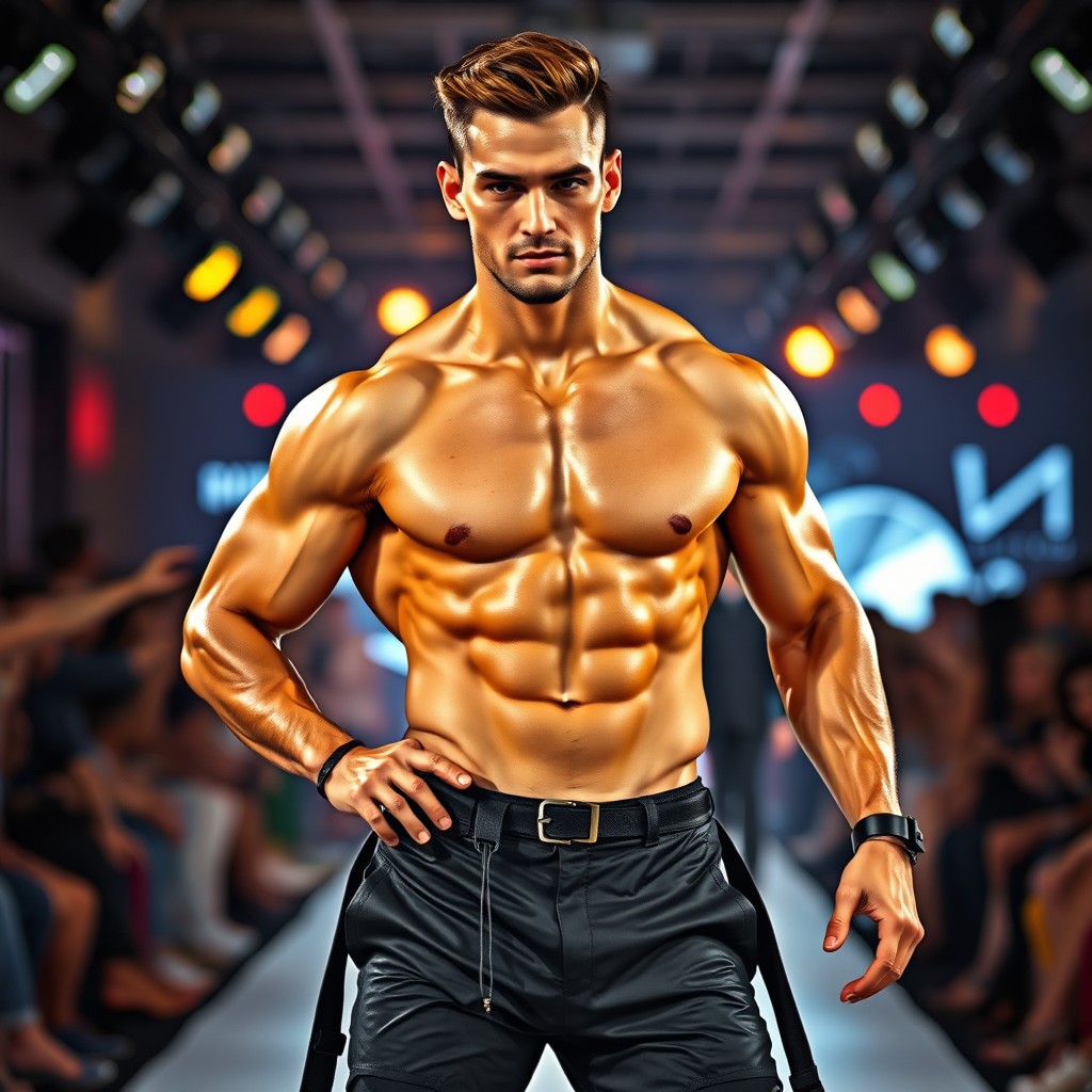A muscular male supermodel showcasing an impressive eight-pack abs, striking a confident pose on a fashion runway