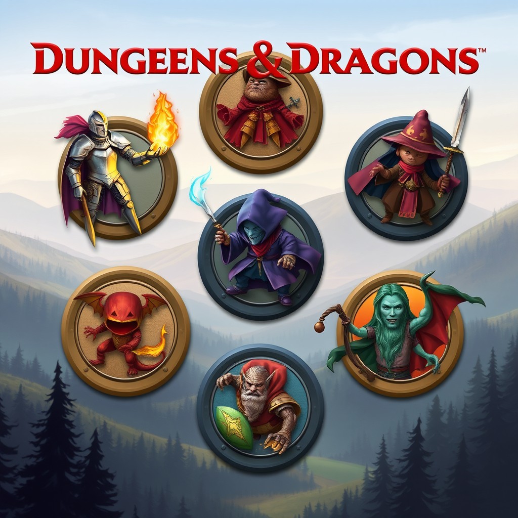 A collection of top-down tokens for Dungeons and Dragons, featuring an assortment of characters including a brave knight in shining armor, a powerful wizard casting a spell, a stealthy rogue with daggers, and a fierce dragon