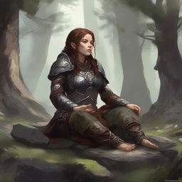 splinters and rocks float around a female dwarven kineticist that meditates amid nature while wearing her heavy armor