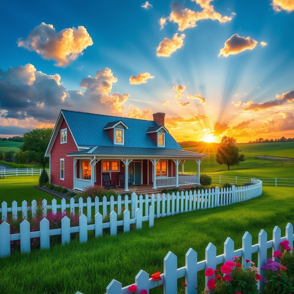 A picturesque countryside house surrounded by lush green fields and colorful flowers, featuring a white picket fence, a blue sky with fluffy clouds, and a vibrant sunset in the background