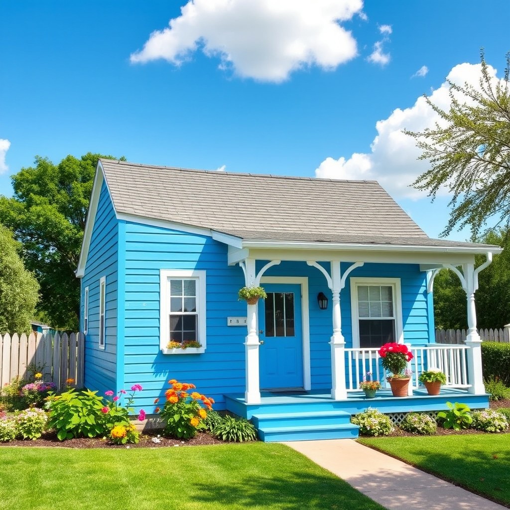 A charming blue house nestled in a serene countryside, with a well-manicured garden filled with colorful flowers