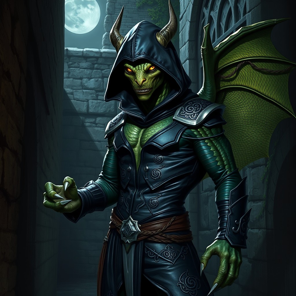 A draconian rogue assassin, with scaly green skin, piercing yellow eyes, and sharp claws, stands poised in a shadowy alleyway