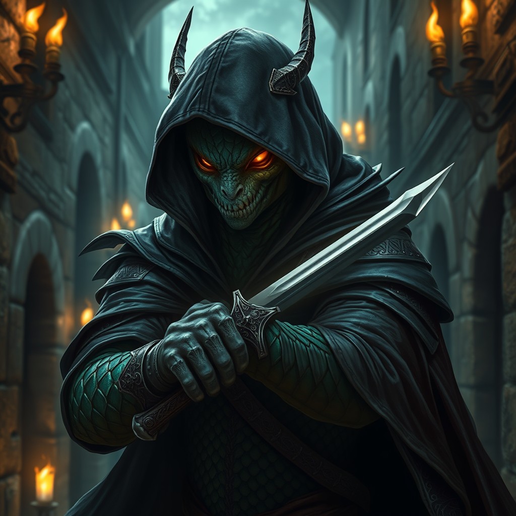 A stealthy draconian rogue assassin lurking in the shadows, featuring scales that glimmer in shades of emerald and obsidian