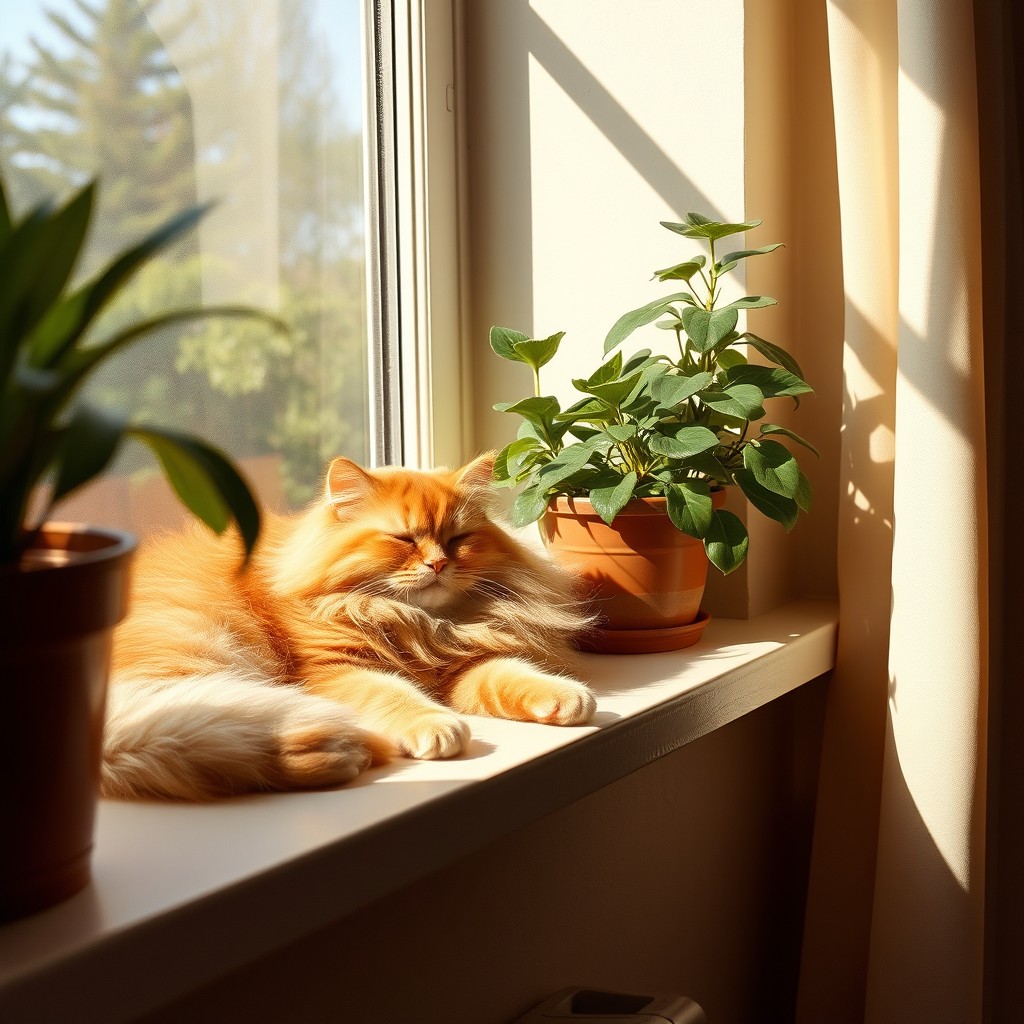 A fluffy orange cat lounging on a sunlit windowsill, eyes half-closed in contentment, surrounded by a few potted plants, casting soft shadows on the wall, with a gentle breeze fluttering the curtains