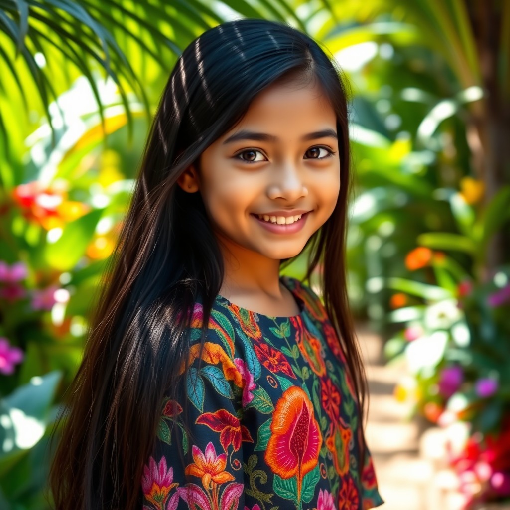 A beautiful Indonesian girl with long flowing black hair, wearing a traditional Batik dress that is colorful and elegantly designed