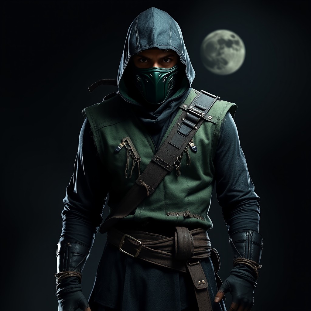 A realistic ninja wearing a black outfit, featuring a tattered and rustic green vest inspired by Reptile from Mortal Kombat