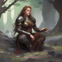 splinters and rocks float around a female dwarven kineticist that meditates amid nature while wearing her heavy armor