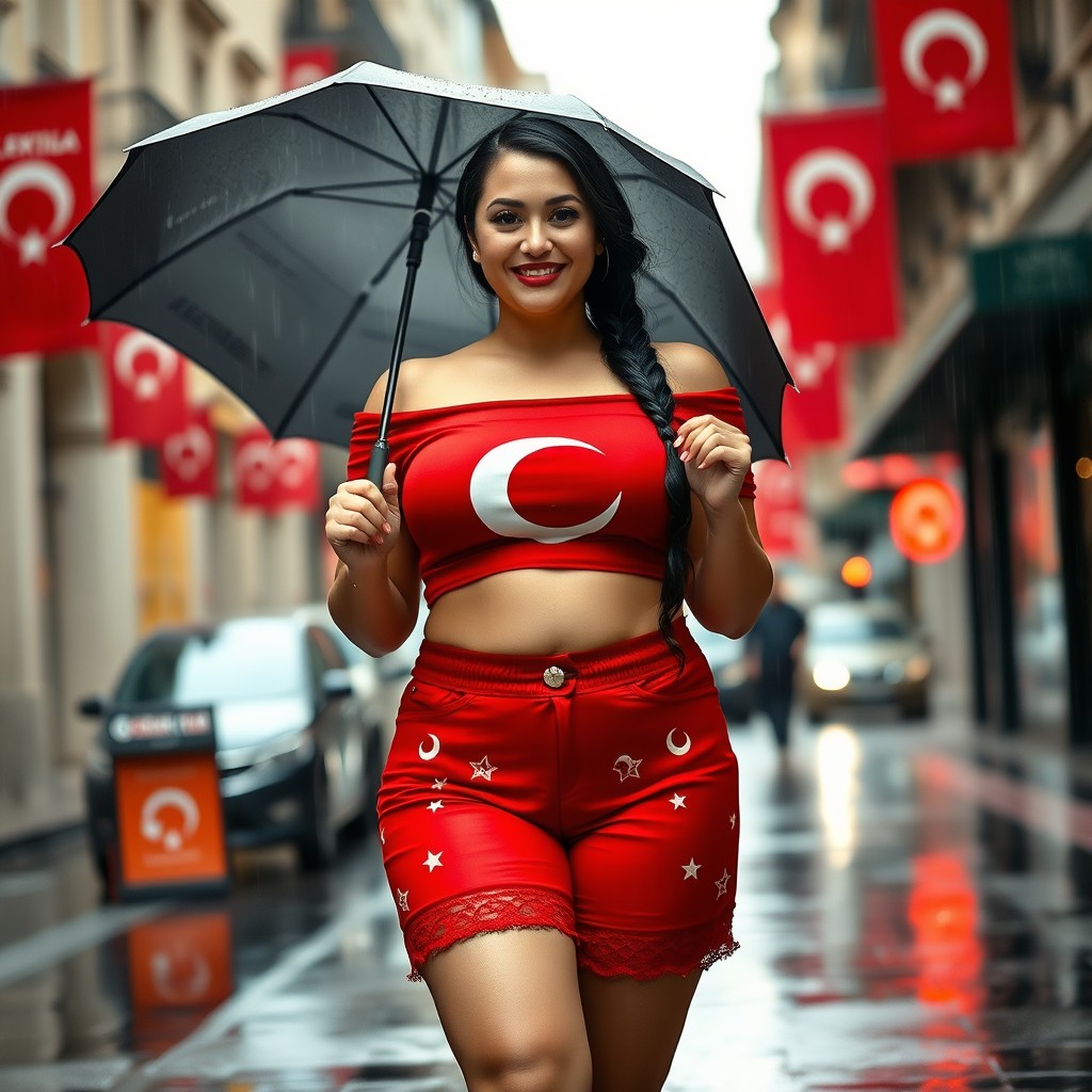 A confident, curvy woman with an hourglass figure walks down a rainy city street