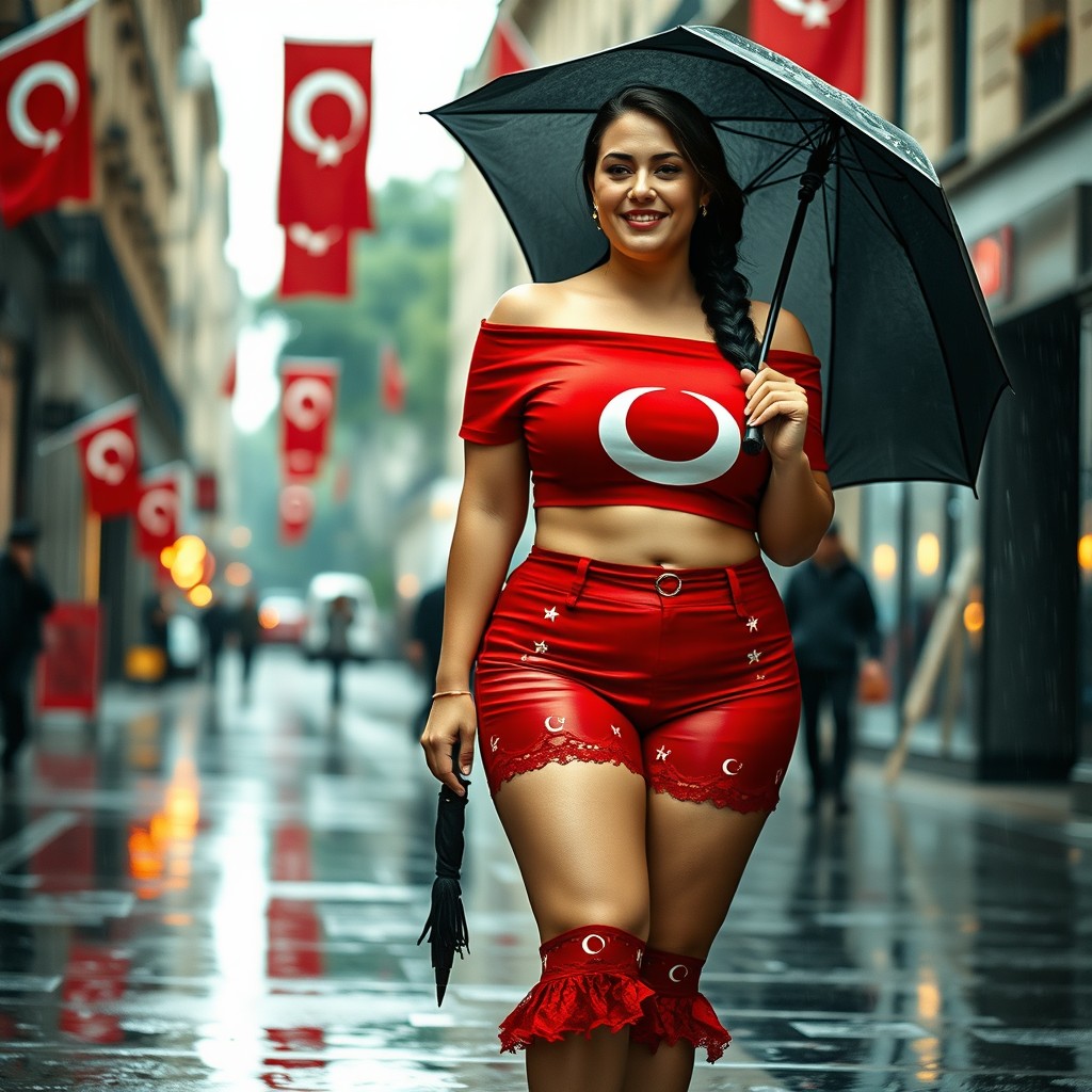 A curvy woman with an hourglass figure walks confidently down a rainy city street