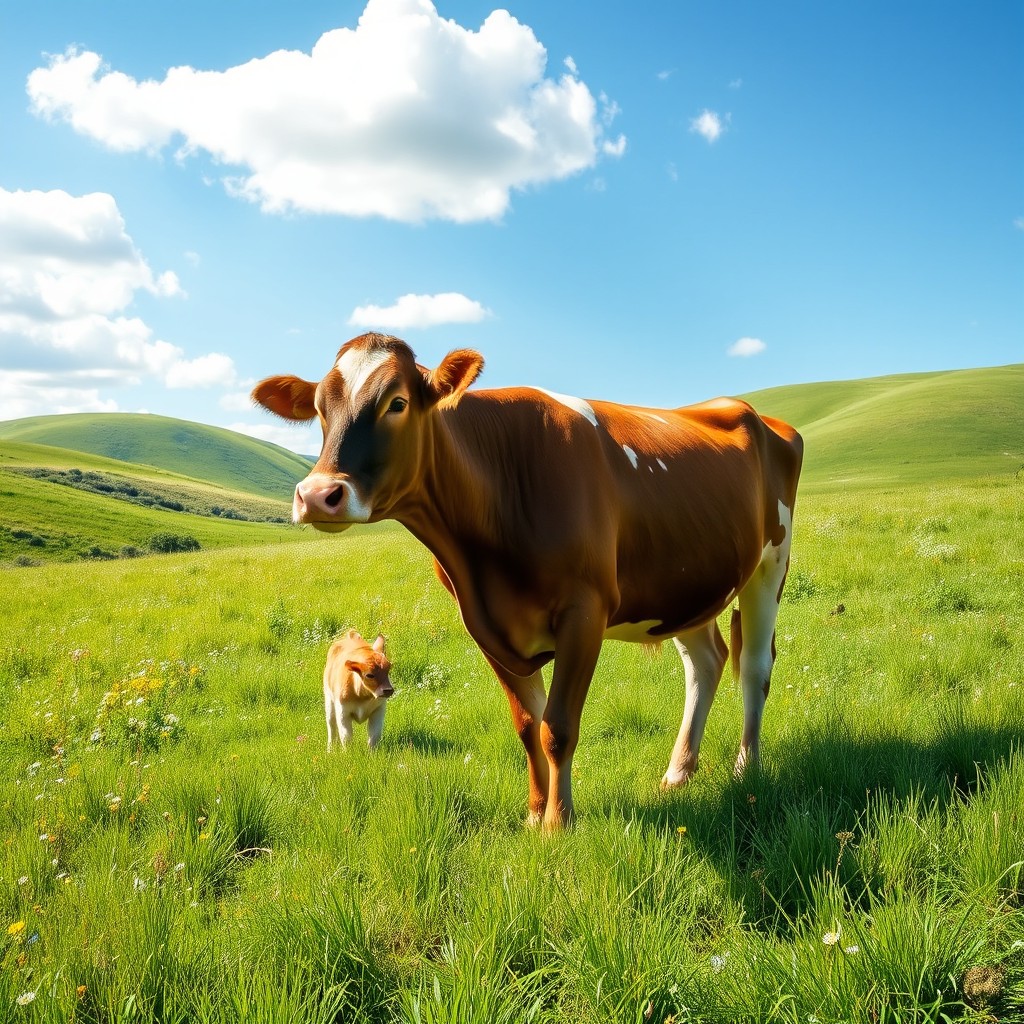 A serene pastoral scene featuring a beautiful cow standing in a lush green meadow