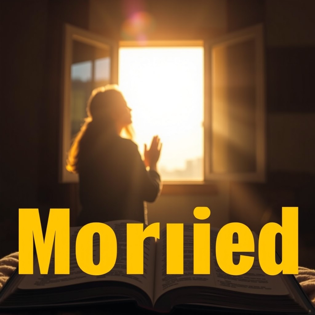 A serene morning scene with soft lighting, featuring a sunrise visible through an open window, creating a warm and inviting spiritual atmosphere