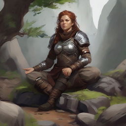 splinters and rocks float around a female dwarven kineticist that meditates amid nature while wearing her heavy armor