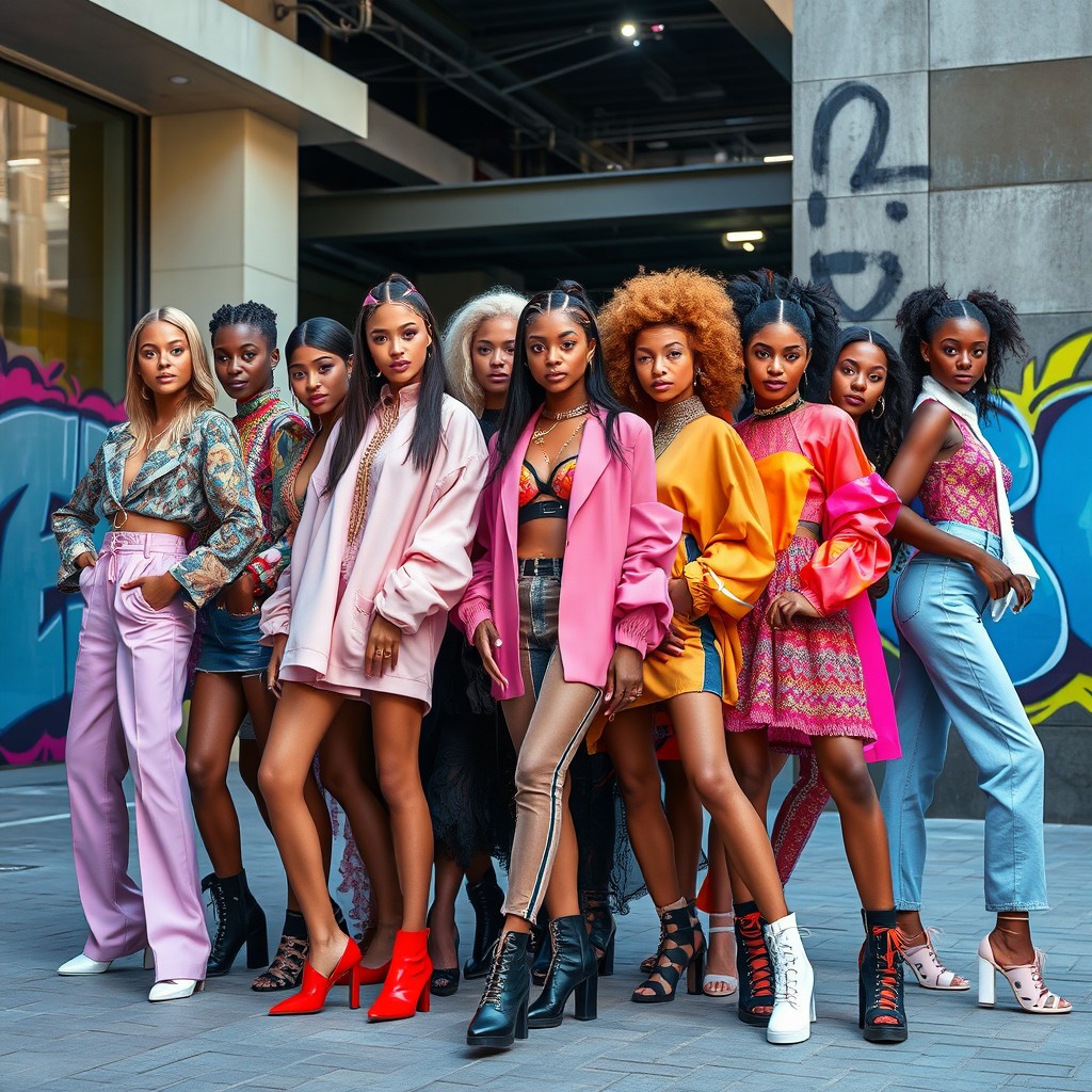 A diverse group of fashion models showcasing a vibrant and trendy collection of outfits in a modern urban setting