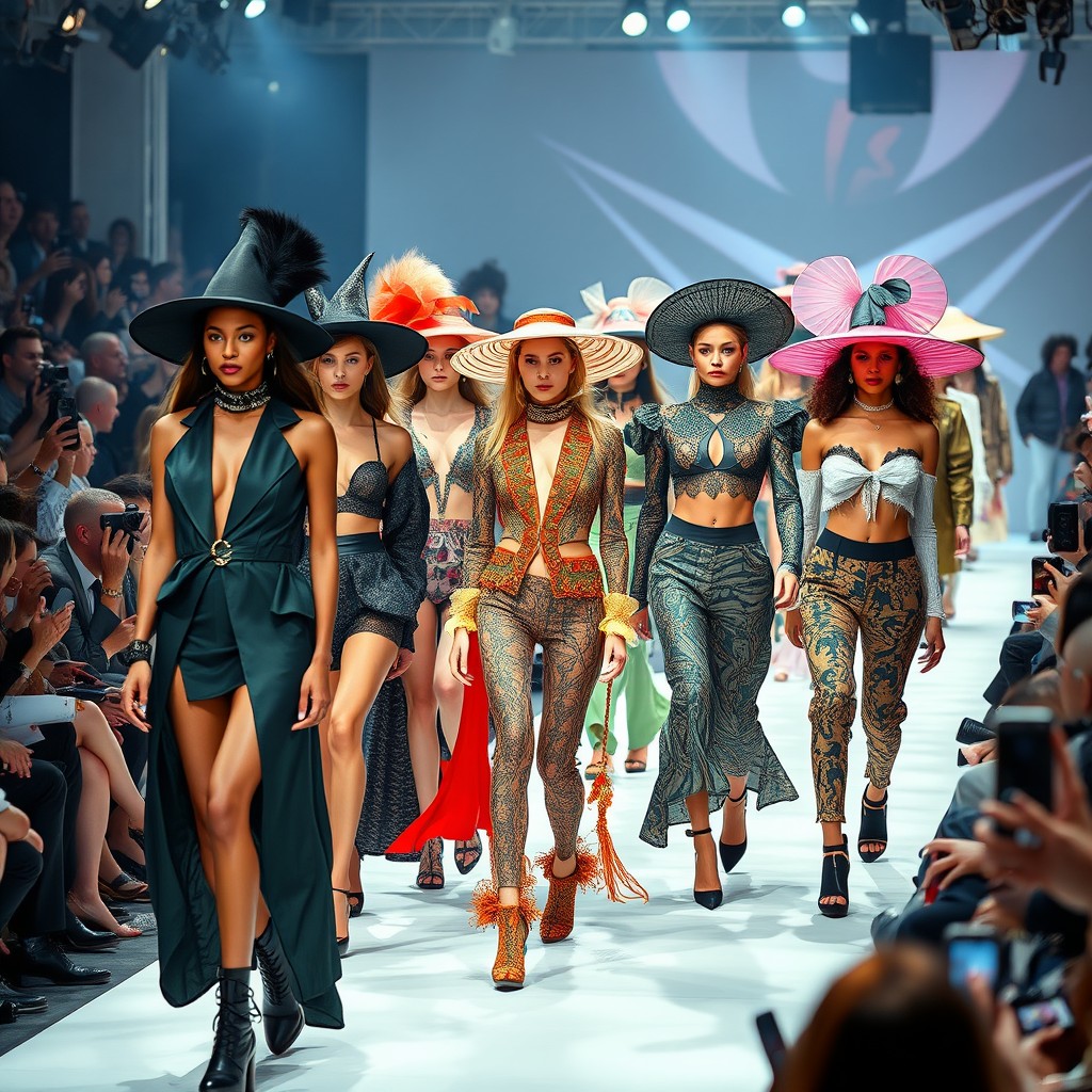 A dynamic fashion scene showcasing a diverse group of high-fashion models on a runway