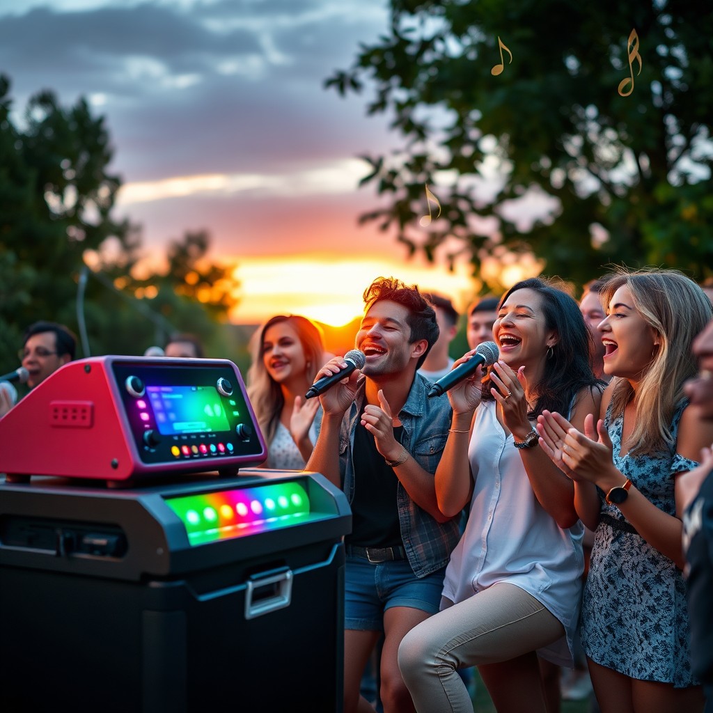 A fun and lively mobile karaoke setup outdoors, featuring a vibrant portable karaoke machine with colorful lights, a group of enthusiastic friends singing joyfully into microphones, surrounded by greenery