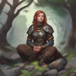 splinters and rocks float around a female dwarven kineticist that meditates amid nature while wearing her heavy armor