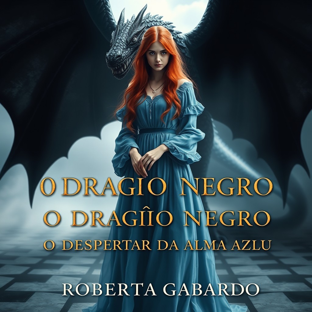 In a classic and atmospheric book cover design, featuring an ethereal environment, a delicate woman with long, gently flowing red hair stands firmly in a celestial blue medieval dress that has a light and elegant drape