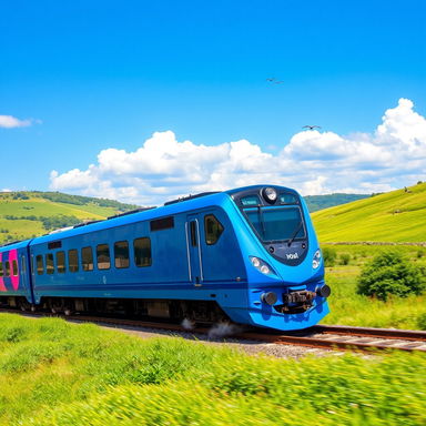 A vibrant blue train moving swiftly along a scenic railway track surrounded by lush green landscapes, with a clear blue sky above and a few fluffy clouds