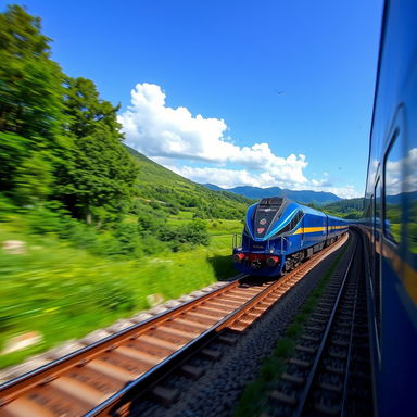 A vibrant blue train moving swiftly along a scenic railway track surrounded by lush green landscapes, with a clear blue sky above and a few fluffy clouds