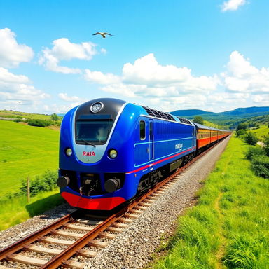A vibrant blue train moving swiftly along a scenic railway track surrounded by lush green landscapes, with a clear blue sky above and a few fluffy clouds