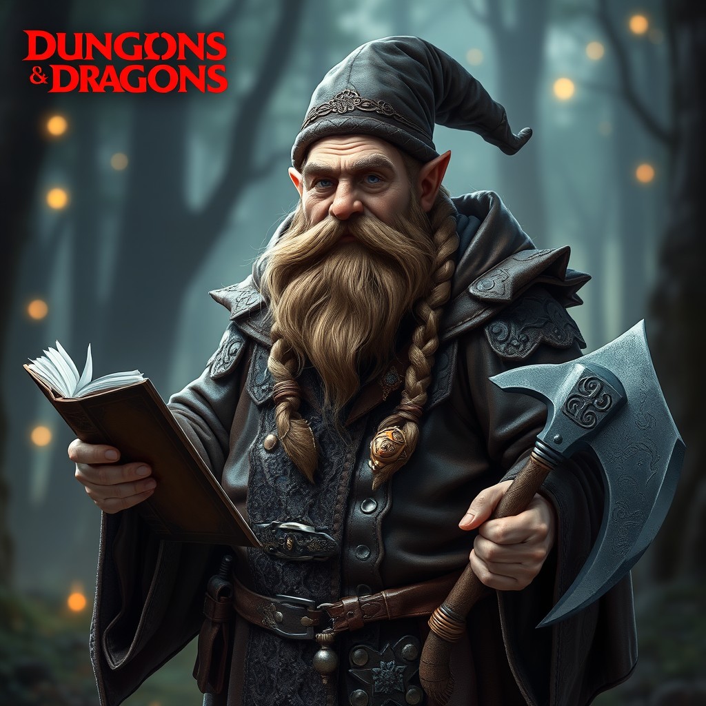A dwarf wizard character for Dungeons and Dragons, dressed in leather wizard robes with intricate magical patterns